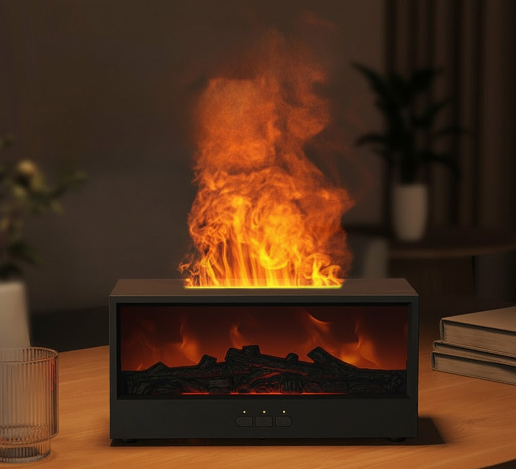 Aromatherapy Humidifier with Simulated Flame – Cozy Fireplace Ambience