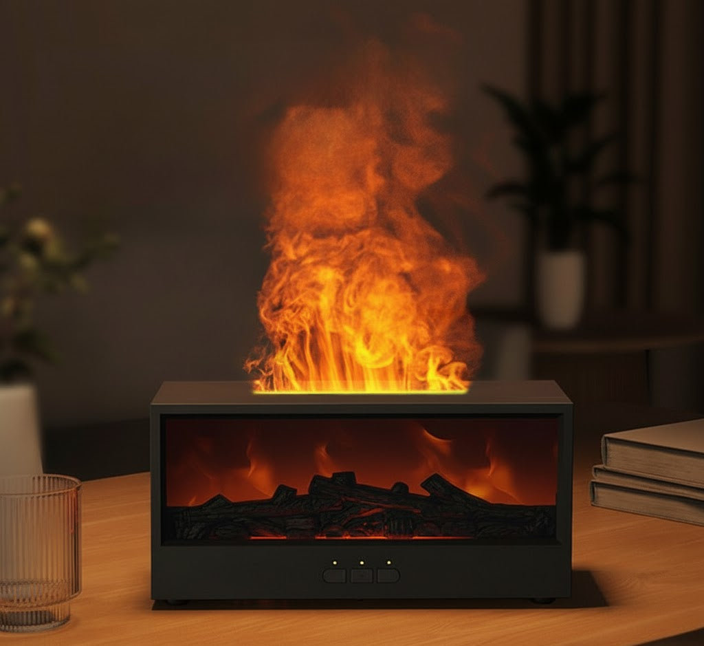 Aromatherapy Humidifier with Simulated Flame – Cozy Fireplace Ambience
