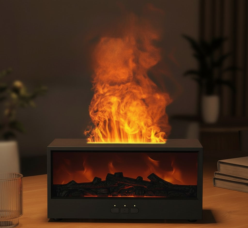 Aromatherapy Humidifier with Simulated Flame – Cozy Fireplace Ambience