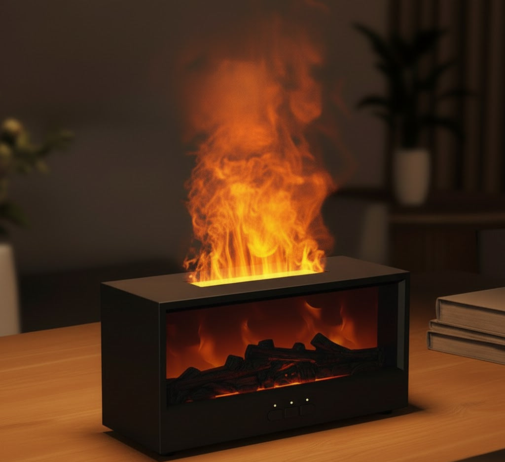 Aromatherapy Humidifier with Simulated Flame – Cozy Fireplace Ambience