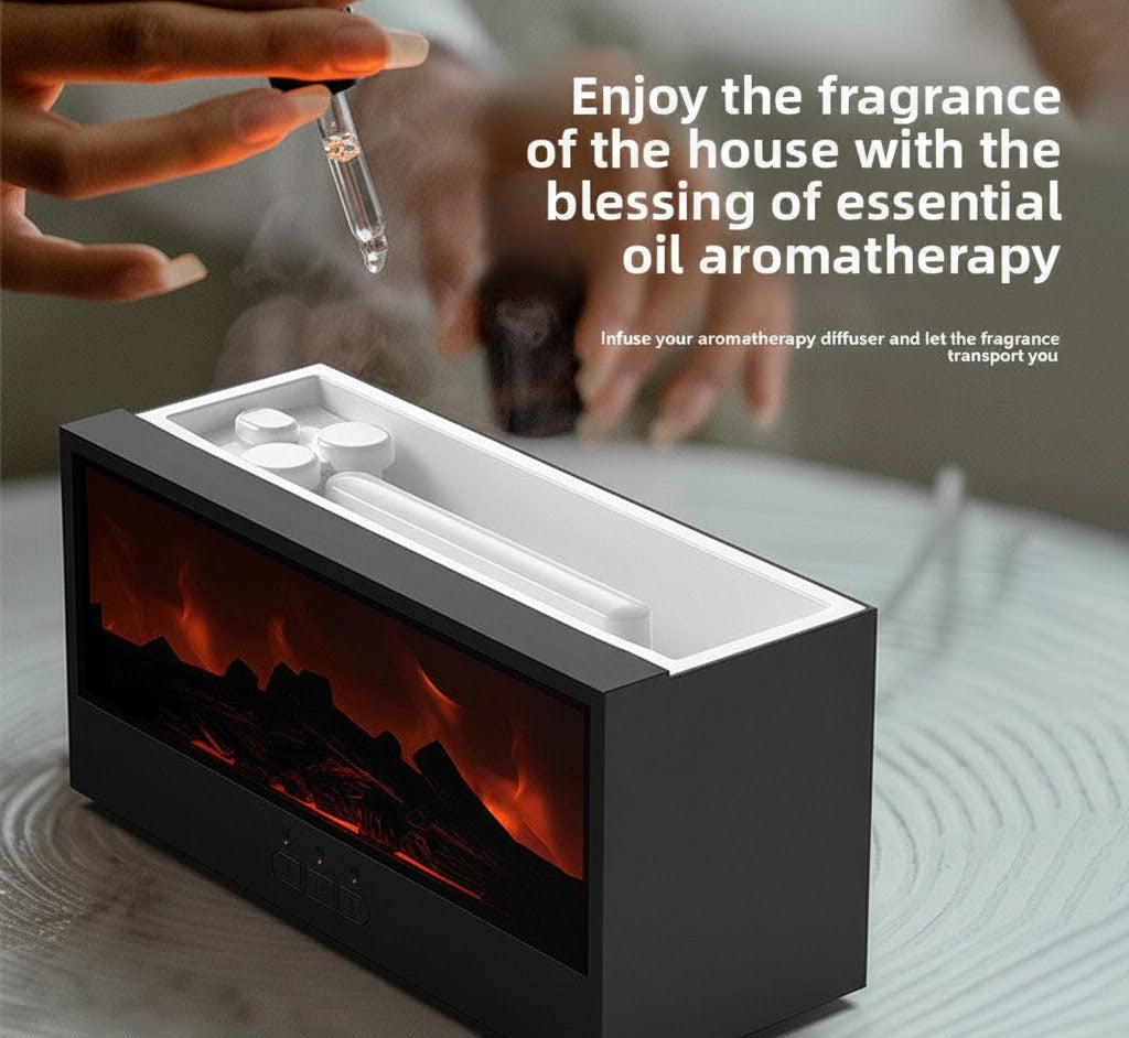 Aromatherapy Humidifier with Simulated Flame – Cozy Fireplace Ambience